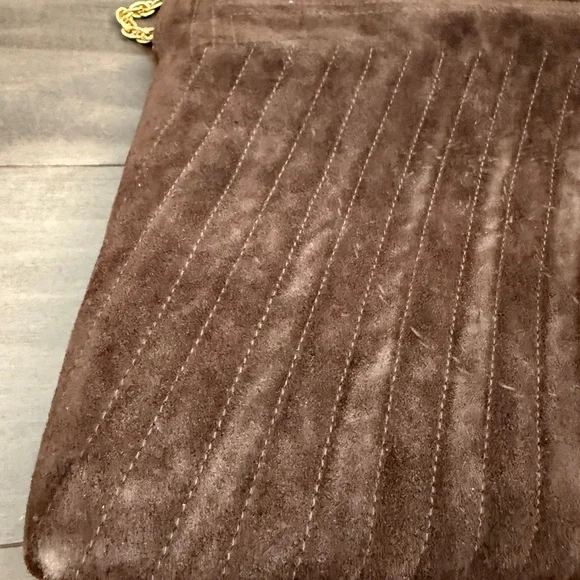 1960 1970 Vintage Brown Suede Pleated Fabric Clutch Handbag Gold Chain Purse - Picture 2 of 12